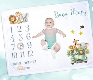 Personalised soft  jungle design baby  milestone blanket , unique nursery item - Picture 1 of 2