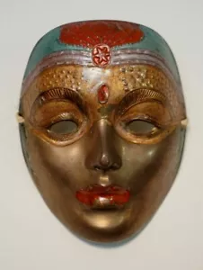 Vintage Brass Metal Painted Mask Wall Decoration Ornament - Picture 1 of 8