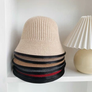 Damen Strick Wolle Cloche Hut PU Leder Einfassung Winter Mädchen Fischerhut Freizeit - Bild 1 von 18