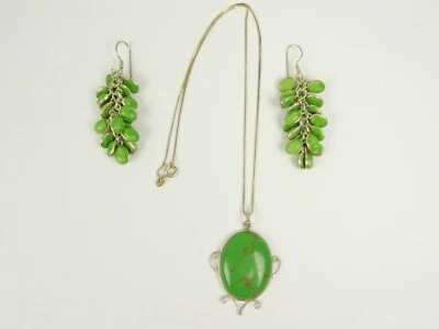 Sterling Silver Pendant 16" Necklace & Pierced Earrings Set Faux Green Stone - Image 1 of 4