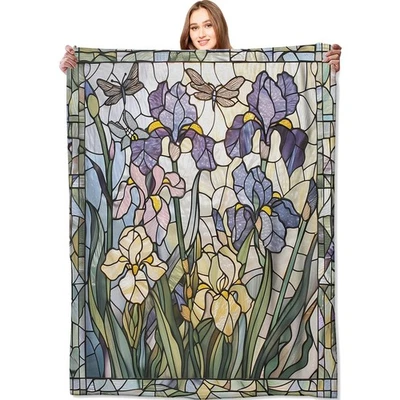 Stained Glass Irises Floral Blanket Butterfly & Dragonfly Throw Blankets,Gift... - Image 1 of 4