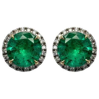 Fine 4.57ct GIA Certified Vivid Green Emerald & Diamond Gold Halo Earring Studs - Image 1 of 4