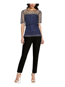 ADRIANNA PAPELL Womens Beaded Sheer Zippered Short Sleeve Crew Neck Evening Top - Picture 1 of 9