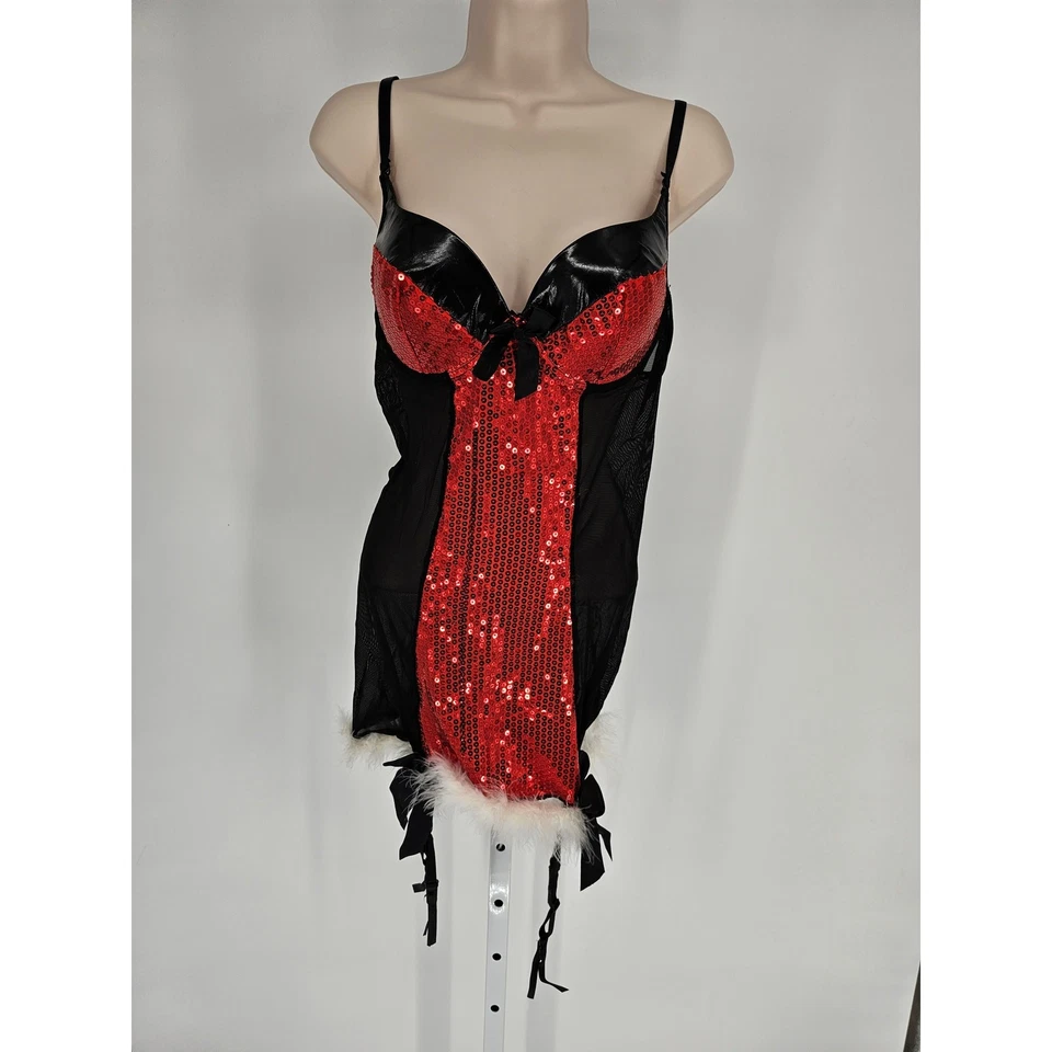 复古 Y2K Tarea by Rue 21 Nightie 黑色人造皮革红色亮片毛皮装饰 36D — 第 1/4 张图片