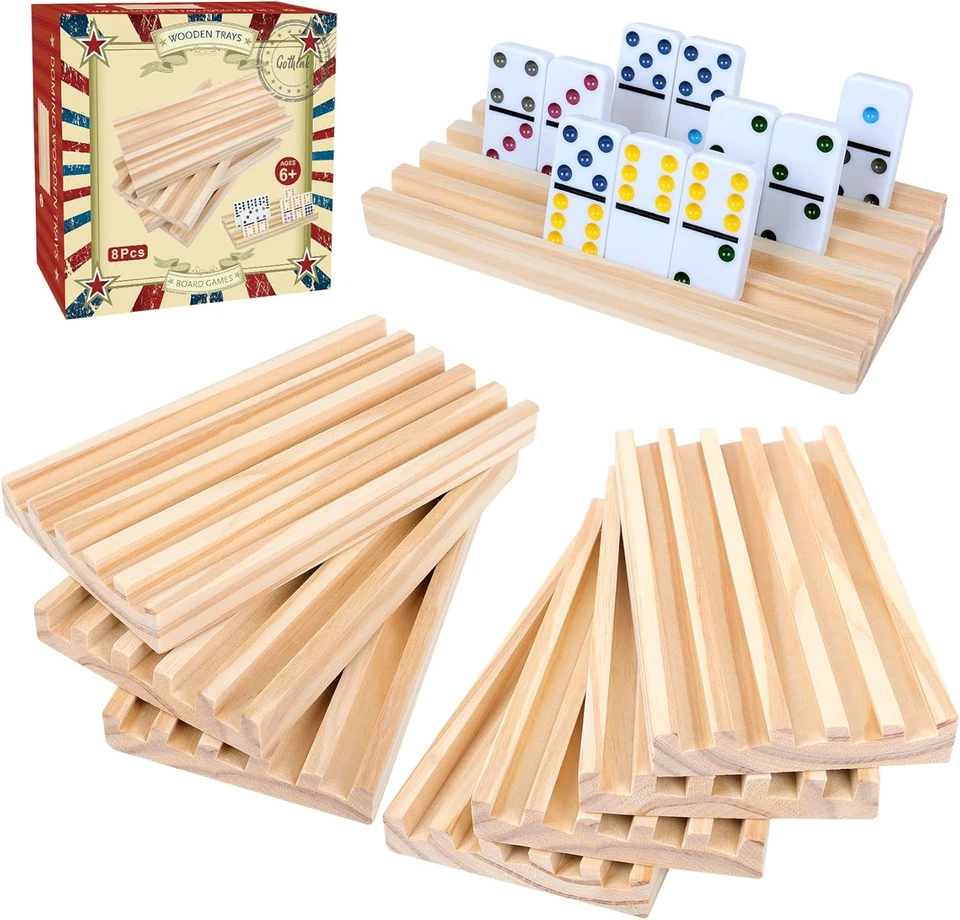 EASYTHINK GOTHINK Wooden Domino Racks Set of 8 Trays for Mexican Train Dominoes Games Domi