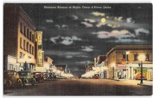 Sherman Avenue Night Street Szene Herz von Alene, Idaho Mondlicht c1940er Jahre Postkarte - Bild 1 von 2