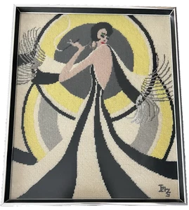 Vintage gerahmte Nadelspitze Art Deco Stil elegante Frau schwarz & weiß Kleid signiert - Bild 1 von 9