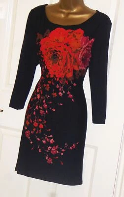 Phase Eight black red floral print stretch jersey smart day / party dress sz 14 - Image 1 of 2