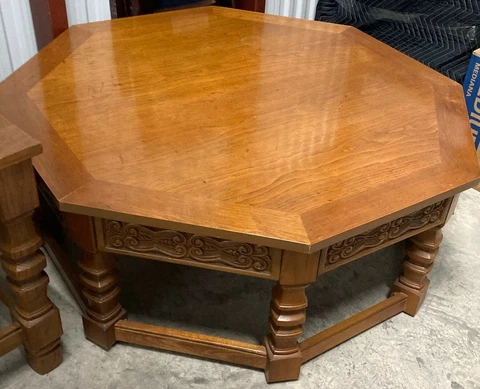 Antique Wood Octagon Coffee Table featuring table top & leg carvings Cover