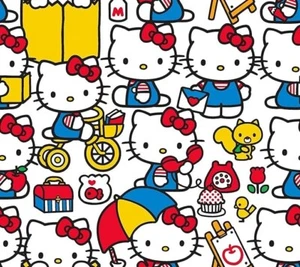 45" Wide Cotton Hello Kitty at Play Rorry Books Telephones Bicycles Painting - Picture 1 of 2