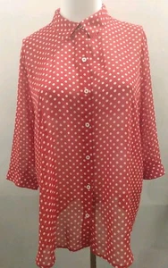 Susan Graver rot weiß gepunktet durchsichtig 3/4 Ärmel Button Down Hemd Größe 1X - Bild 1 von 7