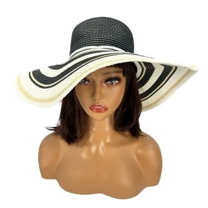 INC Large Striped Pattern Sun Hat - White Cream Black -One Size - Picture 1 of 10