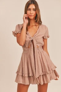 Mable Gingham Check Dress Ruffle Tie Short Sleeve Farmer Womens S Mocha NWT - Picture 1 of 5