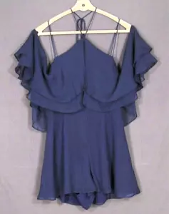 FINDERS KEEPERS Navy Blue Crinkle Chiffon OFF/COLD-SHOULDER Shorts Romper L - Picture 1 of 7