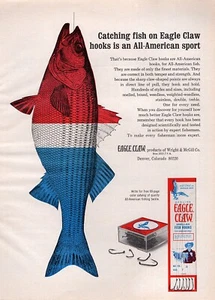 1968 Garra de águila anzuelos de pescado chanclas pesca anuncio original impreso en color - Imagen 1 de 1