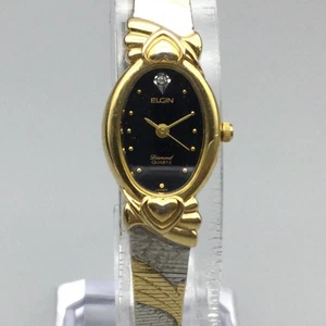 Reloj Elgin Diamante Mujer Tono Dorado Esfera Negra Corazón Pulsera 16mm Batería Nueva - Imagen 1 de 15