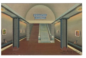 Throwback Moving Stairs in Subway Chicago, IL Color Linen Postcard  #1383 - Picture 1 of 2