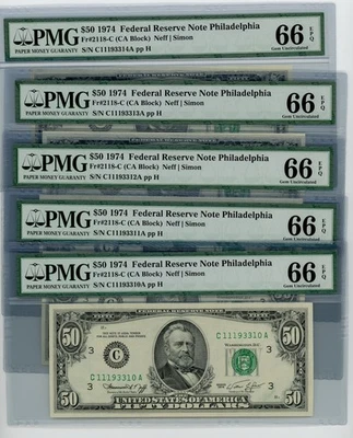 Fr. 2118-C $50 1974 5 Consec. Federal Reserve Note 66 EPQ PMG DC-2560 - Image 1 of 3