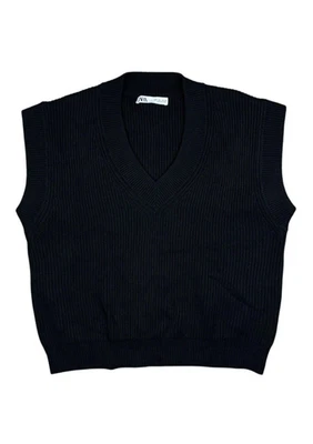 Chaleco Zara Nuevo con Etiquetas Para Mujer XL Negro Acanalado Cuello en V Grande Elástico Pullover Foto 1 de 4