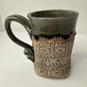Jayn Avery Signed Blue Heron Pottery Green Lace Pressed 4 1/4" Mug - Picture 1 of 10