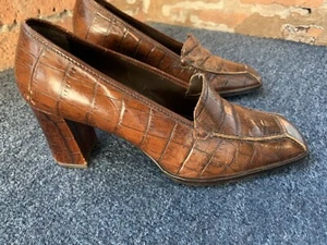 VTG Y2K 2000s Enzo Angiolini Cognac Croc Embossed Leather Heeled Loafers 7.5 - Picture 1 of 9