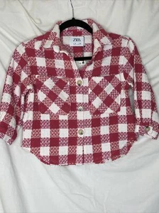 Zara Girls Woven Checked Button Jacket Shacket Pink Salmon White Size 6 NWT - Picture 1 of 10