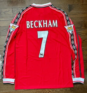 David Beckham Manchester United Retro Home Soccer Jersey Long Sleeves 1998/00 - Picture 1 of 5