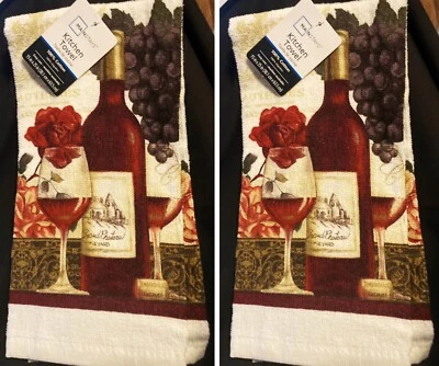 Toallas de cocina (2) Botella de vino, uvas. copa de vino, rosa Mainstays PET RESCUE Foto 1 de 3