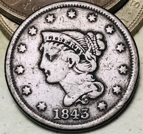 1843 Large Cent Braided Hair 1C Normal Date Ungraded US Copper Coin CC18220 Cover