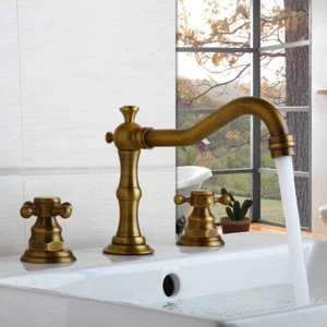 Antique Brass 8" Widespread Waterfall Bathroom Sink Faucet 2 Hand 3-Hole Mix Tap - Picture 1 of 10