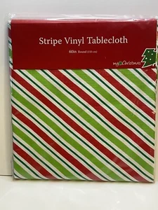 NEW Holiday red green Stripe Flannelback Vinyl Tablecloth 60 Inch My Christmas - Picture 1 of 6