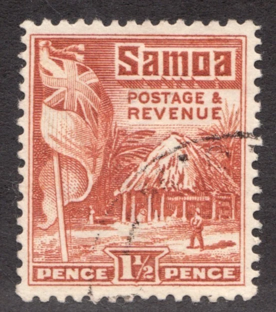 1921 Samoa - Sc# 144 - 1½ Pence. British Flag, Samoan House - Used stamp Cv$20 - Image 1 of 1