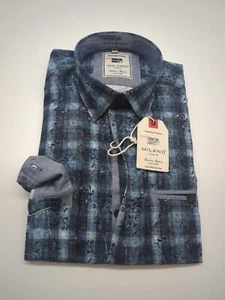 Camicia Milano Italy manica lunga taglia XXL 45/46 colletto classico blu floreale MODERN FIT - Foto 1 di 6