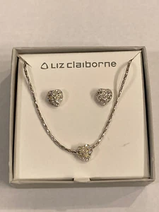 Liz Claiborne Necklace and Earrings Set Silver Tone Heart In Original Box - Picture 1 of 5