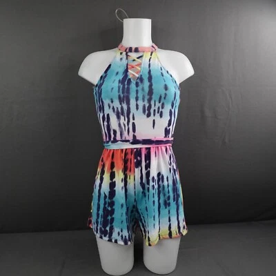 Pantalones Cortos Mameluco Para Mujer Pequeños Azul Rosa Tejido Tie Dye Retro Declaración Boho Indie Foto 1 de 4