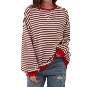 Womens Loose Striped Round Neck T-shirt Color Blocking Long Sleeve Spring/Summer - Picture 1 of 28