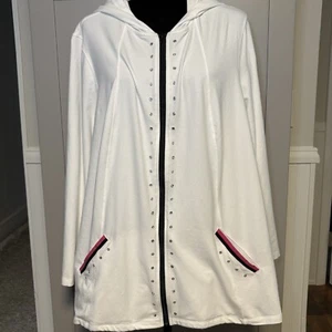 CJ Banks Long Sleeve Full Zip Knit Jersey Hoodie White w/ Pink Women's 2X Bling - Picture 1 of 12