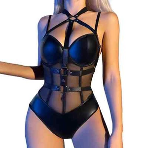Erotik Dessous PU Leder Netz Body - Bandage Push-Up BH, PVC Latex - wie D - Bild 1 von 8