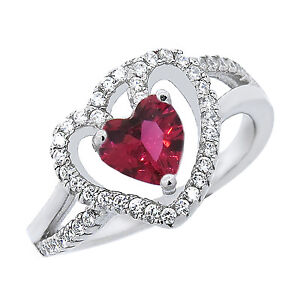  Heart Shaped Halo Ring With Ruby & White Sapphire In Sterling Silver 925