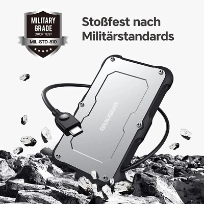 GRAUGEAR Festplattengehäuse 2,5" SSD/HDD Wassergeschützt IP66 USB-C spin down UASP