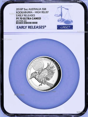 2018 P Australia HIGH RELIEF 5oz Silver Kookaburra $8 Coin NGC PF70 UC ER + OGP - Image 1 of 4