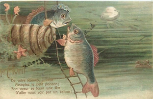 April 1st Postcard Underwater Fish Kssing On Ladder Balcony Scene Romeo & Juliet - Picture 1 of 2