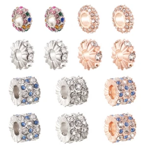 14pc 7 Style Flat Round Column Alloy Crystal Rhinestone Large Hole Beads 10~12mm - Picture 1 of 8