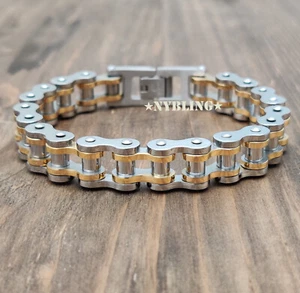 SOLID STAINLESS STEEL Motorcycle Bike Chain Design Bracelet Men's Jewelry 13MM - Picture 1 of 18