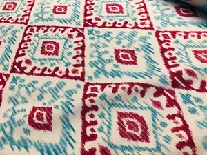 Kilim Aztec Spanish Geometric Diamond Upholstery Fabric 140cm wide Aqua Blue Red - Picture 1 of 7