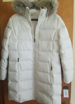 Lauren Ralph Lauren Women Faux Fur Hooded Down Puffer Coat Cream Ivory SZ XL NWT - Image 1 of 4