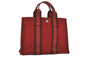 Authentic HERMES Fourre Tout PM Hand Tote Bag Purse Canvas Red Bordeaux 0675N - Picture 1 of 10