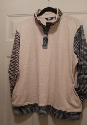 EUC Lands' End Womans' 1X  Pullover Sweatshirt Sweater Beige w/Herringbone Trim - Image 1 of 4