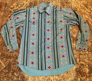 VTG 90s Wrangler Brushpopper Shirt 16.5 Faded Blue Aztec Rodeo Cowboy Western - Picture 1 of 9