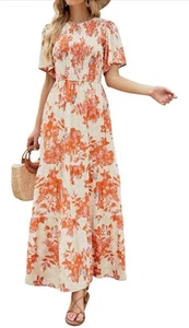 Women's Casual Floral Print Short Flutter Sleeve Smocked High Waist Maxi Dress - Picture 1 of 7